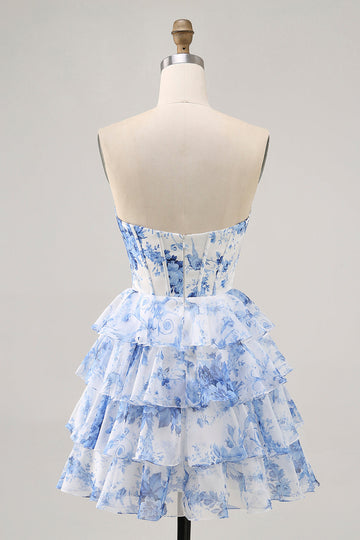 Strapless White Blue Flower Corset Cocktail Dress